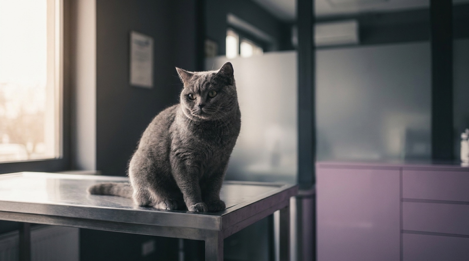 Gato gris sentado sobre una mesa de acero, con luz de ventana