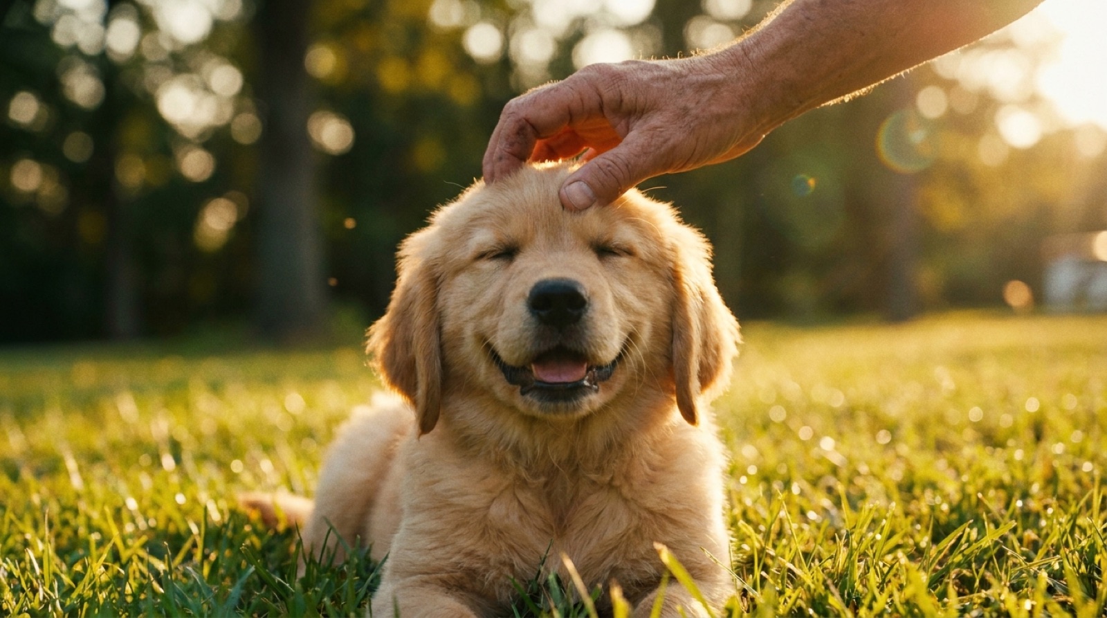 Cachorro golden en el césped mientras una mano lo acaricia